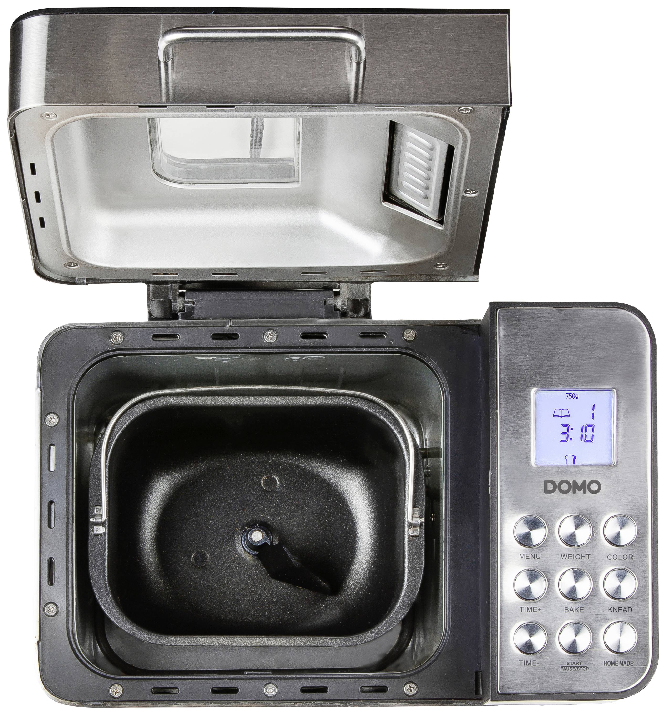 Brotbackautomat von oben geöffnet, zeigt Innenraum mit Knethaken und Bedienelementen. Digitalanzeige auf der rechten Seite.