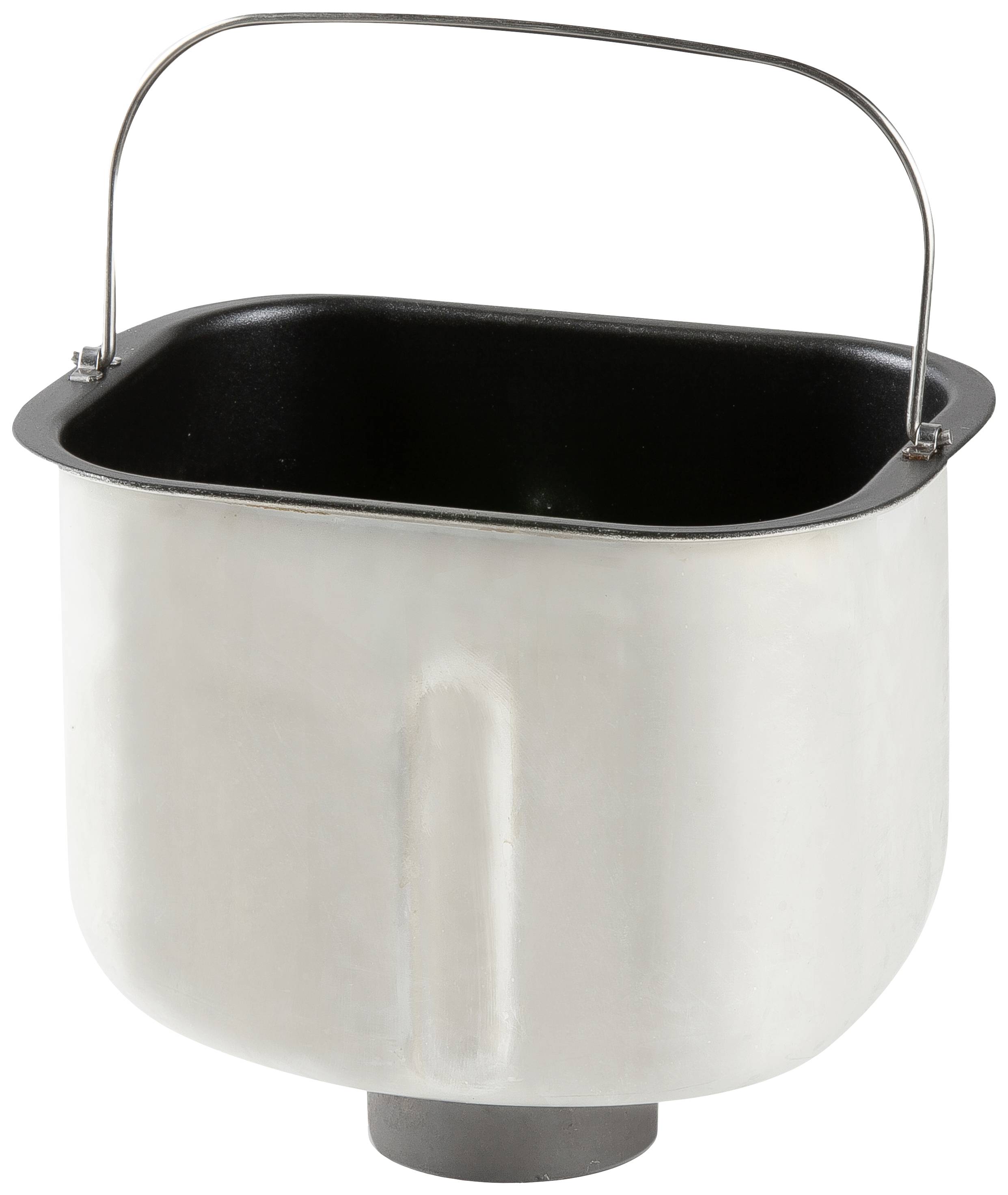 Ein silberner Metalleinsatz mit schwarzer Innenbeschichtung und einem Henkelflugelgriff, vermutlich Teil einer Küchenmaschine.