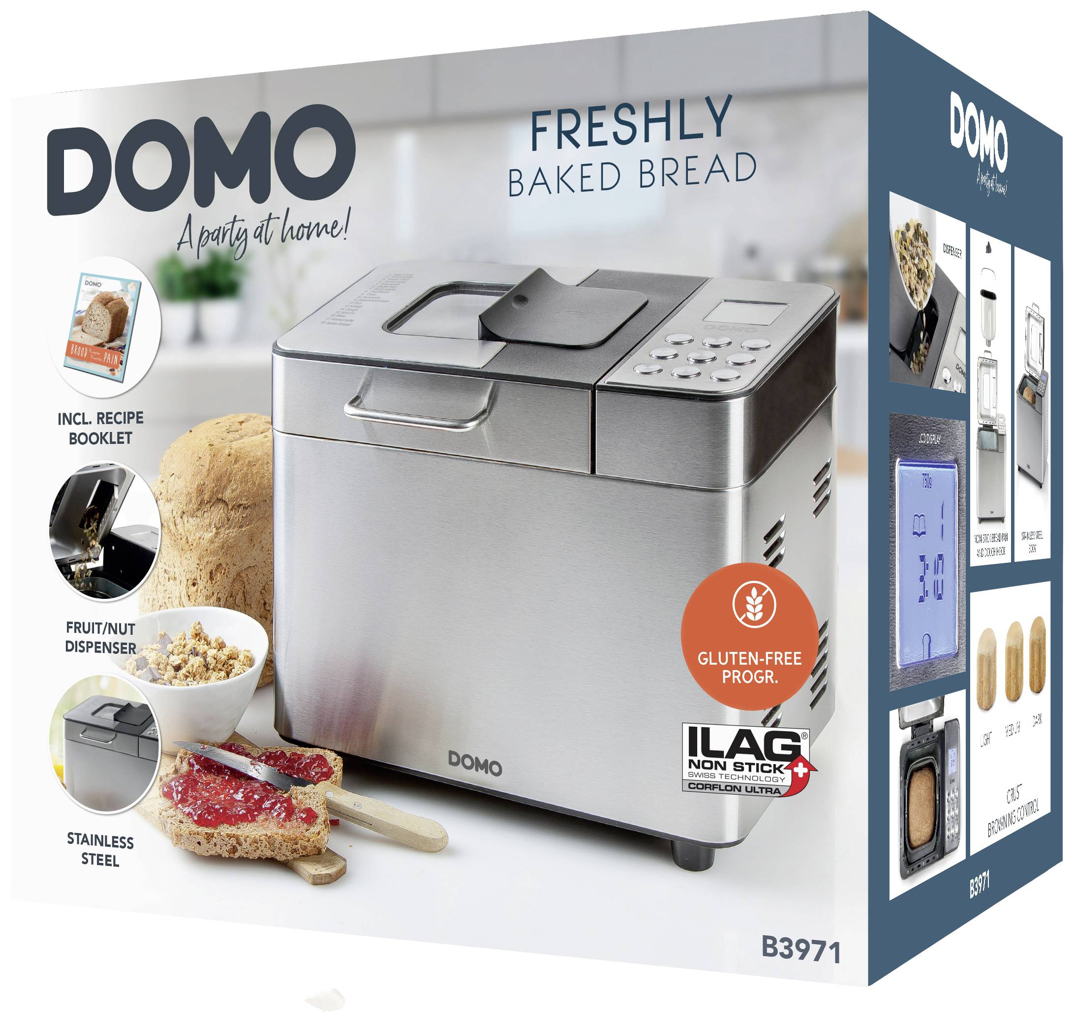 Verpackung eines Brotbackautomaten der Marke DOMO, Modell B3971. Enthält Abbildungen und Hinweise zu Funktionen wie Rezeptbuch, glutenfreie Programme und ILAG Antihaftbeschichtung.