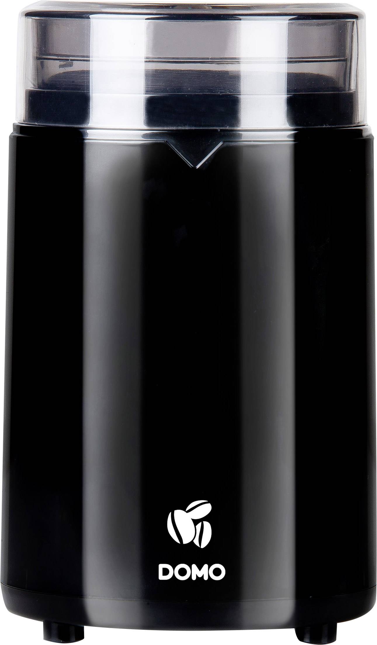 Schwarze elektrische Kaffeemühle mit transparentem Deckel, Markenlogo 'DOMO' auf der Vorderseite.