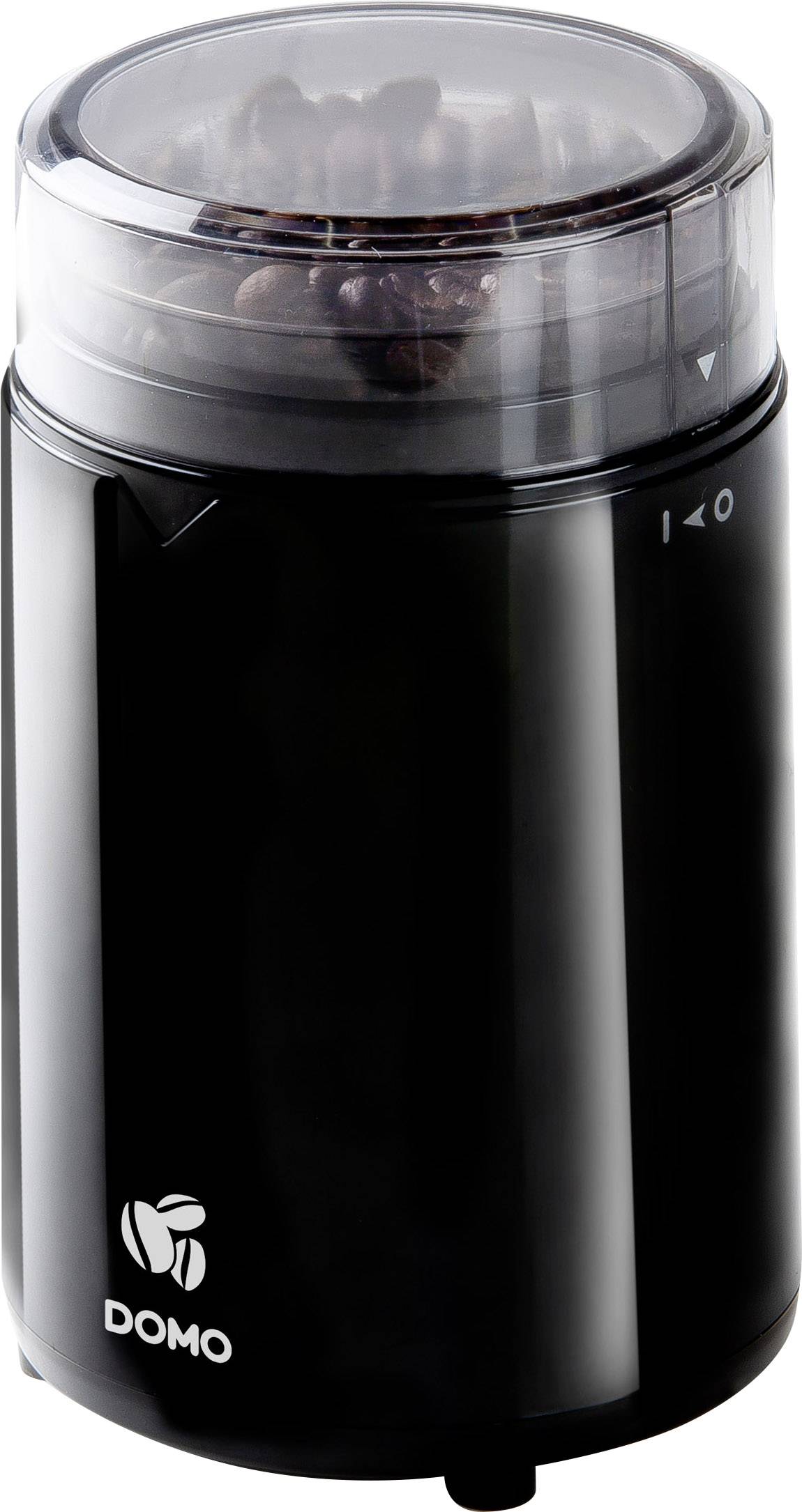 Schwarze elektrische Kaffeemühle von DOMO mit transparentem Deckel, gefüllt mit Kaffeebohnen.
