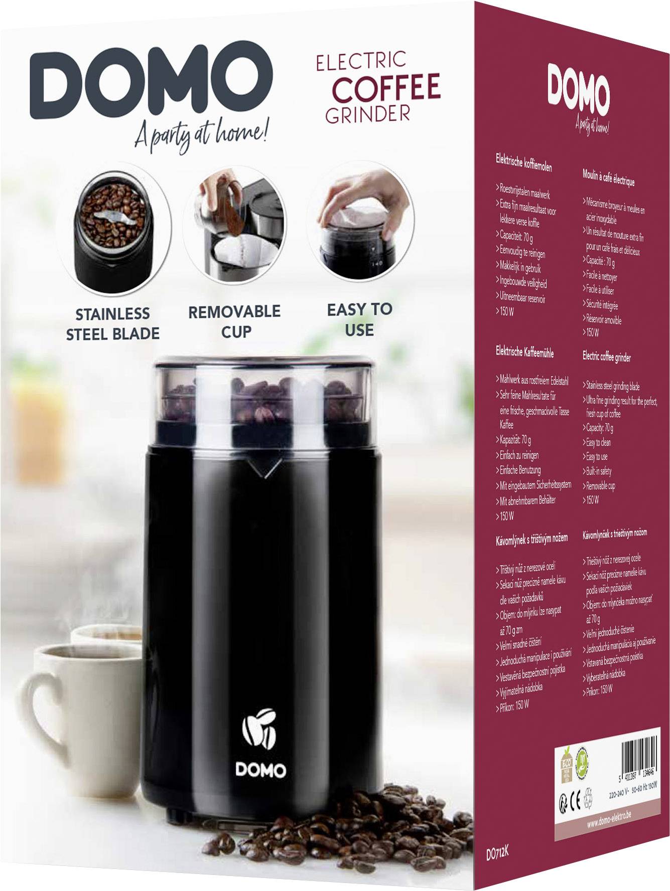 'Elektrische Kaffeemühle mit Edelstahlklinge und abnehmbarem Behälter. Einfach zu bedienen. Verpackung und Produkt abgebildet.'