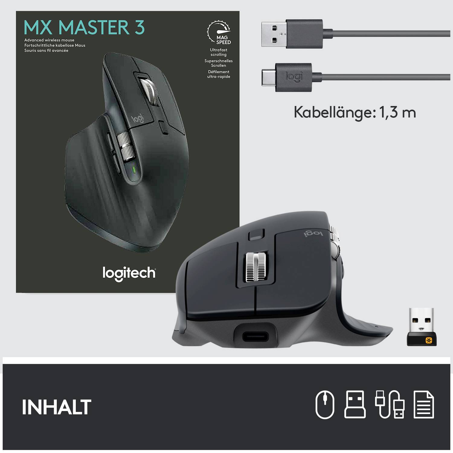 Logitech MX Master 3 Advanced Ergonomische Maus Bluetooth®, Funk Laser Graphit 7 Tasten 4000 dpi Wiederaufladbar, Intell-5