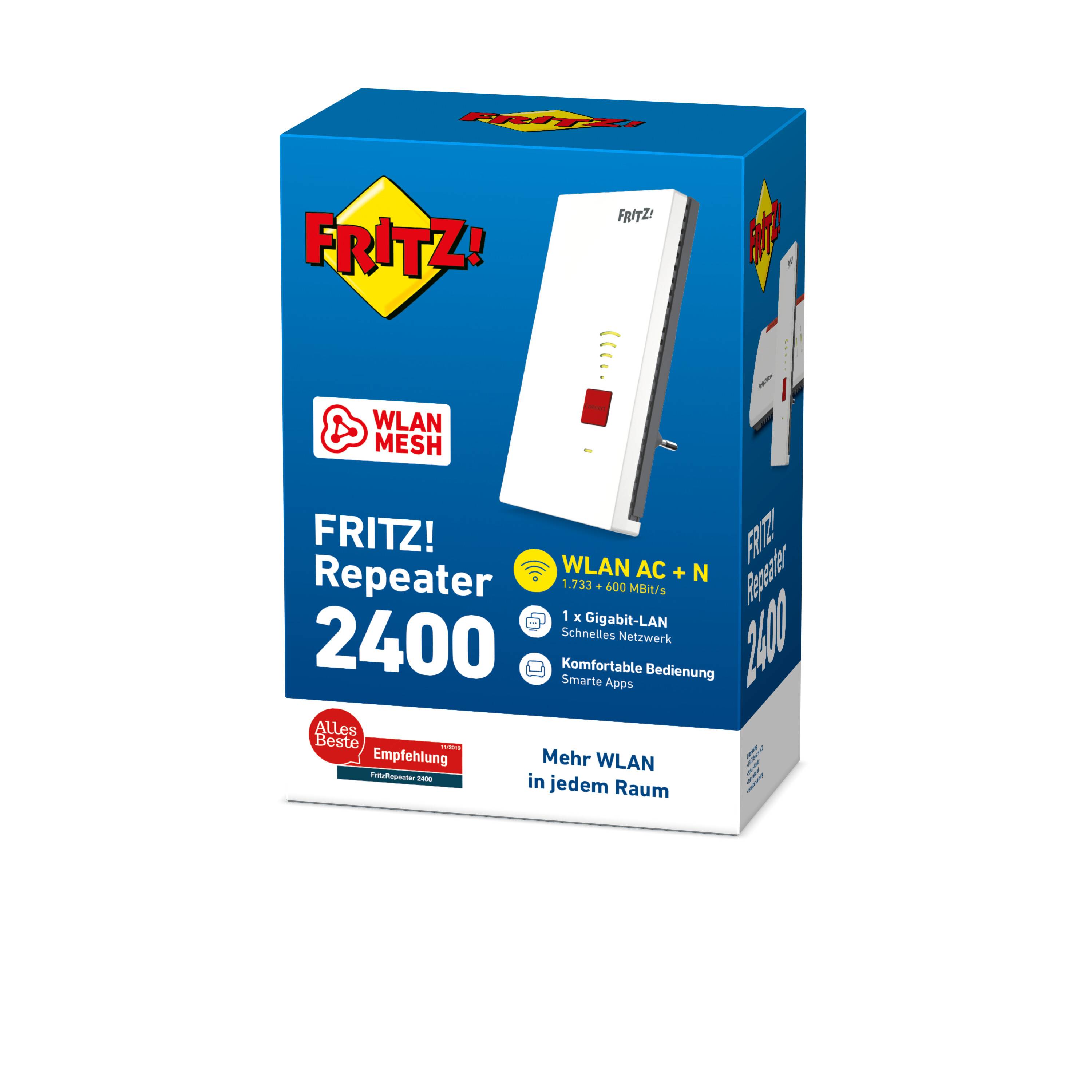 Verpackung eines FRITZ!Repeater 2400. Zeigt Bild des Geräts, WLAN-Mesh-Logo, Hinweis auf einfache Bedienung und WLAN AC + N Kompatibilität.