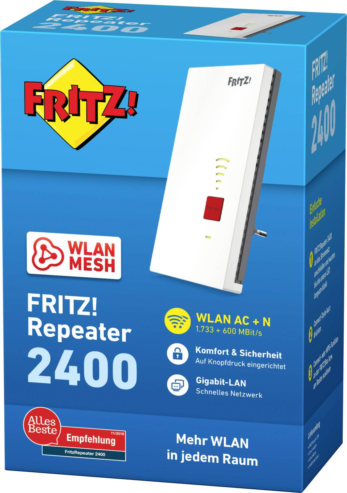 'FRITZ! Repeater 2400' Verpackung mit Bild des Repeaters, WLAN AC+N Hinweis, Geschwindigkeitsangabe 1733+600 MBit/s, und 'Mehr WLAN in jedem Raum' Slogan.