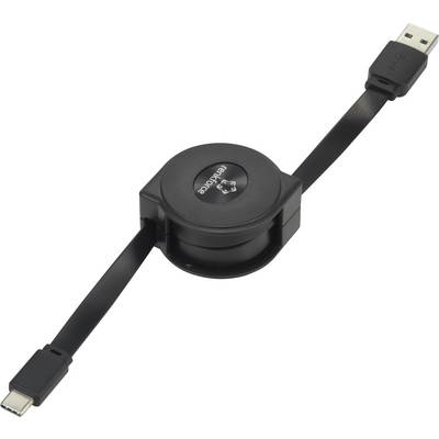 Ein schwarzes, einziehbares USB-Kabel mit USB-A- und USB-C-Anschlüssen; geeignet zum Aufladen oder zur Datenübertragung.