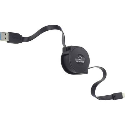 Schwarzes, ausziehbares USB-Kabel mit einem USB-Stecker auf der einen Seite und einem Lightning-Stecker auf der anderen Seite.