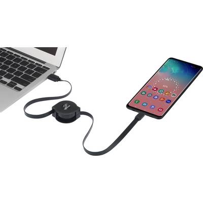 Ein Smartphone ist mit einem Laptop über ein flaches, aufgerolltes USB-Kabel verbunden.