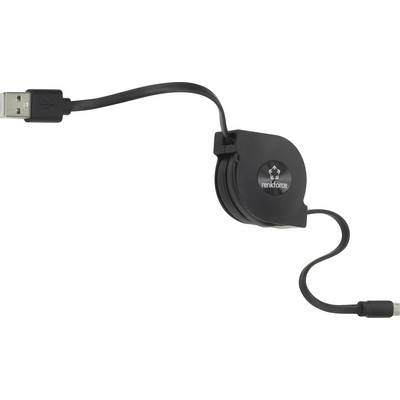 Schwarzes, aufrollbares USB-Kabel der Marke Renkforce, geeignet für die Verbindung von USB-Geräten, platzsparendes Design.
