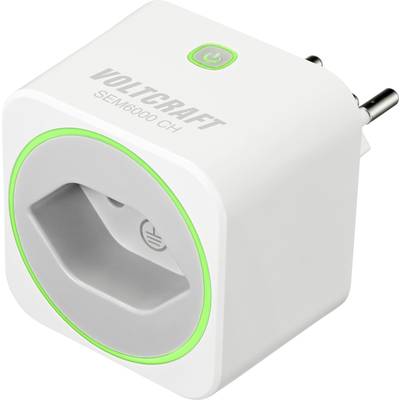 Weiße smarte Steckdose mit grünem Lichtkreis und VOLTCRAFT-Logo. Wandelt herkömmliche Steckdosen in intelligente um, zur Energieüberwachung.