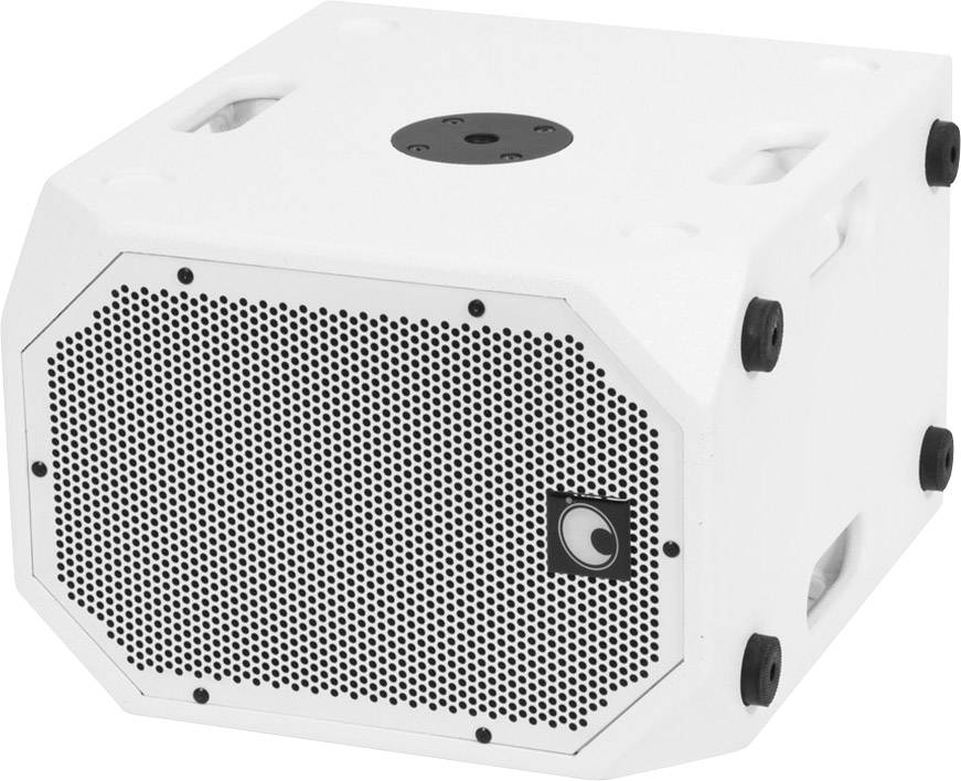 Ein weißer Lautsprecher mit einem schwarzen Gitter auf der Vorderseite, rechteckig geformt, mit mehreren Montagemöglichkeiten an den Seiten.