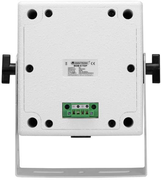 Rückansicht eines weißen, quadratischen elektronischen Geräts mit schwarzem Haltegriff und grünen Anschlüssen in der Mitte.