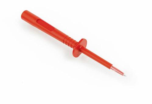 Roter Spannungsprüfer mit isoliertem Griff und Metallspitze auf weißem Hintergrund.