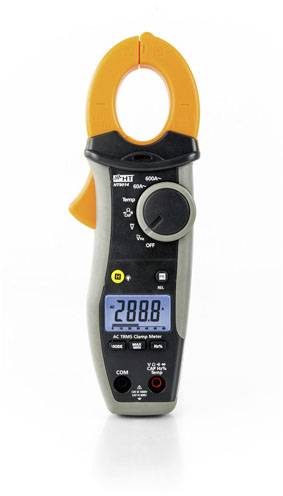Ein digitales Zangenamperemeter mit orangefarbenen Klemmen, einem schwarzen Gehäuse und einem beleuchteten Display, das "288.0" anzeigt.