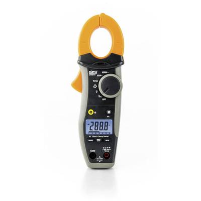 Ein digitales Zangenamperemeter mit orangefarbenen Klemmen, einem schwarzen Gehäuse und einem beleuchteten Display, das "288.0" anzeigt.