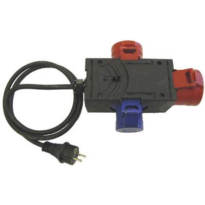 Mehrfachsteckdose mit einem schwarzen Gehäuse und einem schwarzen Kabel. Zwei rote und eine blaue Steckdose sind integriert.