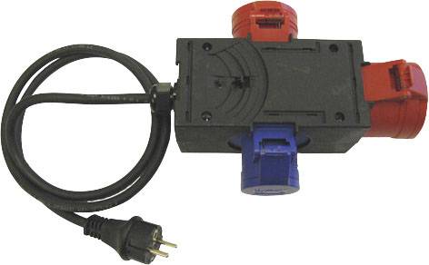 Eine schwarzer elektronischer Verteiler mit mehreren farbigen Steckverbindungen. Ein schwarzes Kabel endet mit einem Stecker für die Stromversorgung.