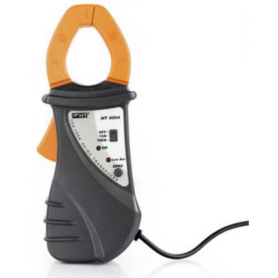 Ein graues und oranges Zangenamperemeter mit Skala und Kabel, zur Messung elektrischer Ströme.