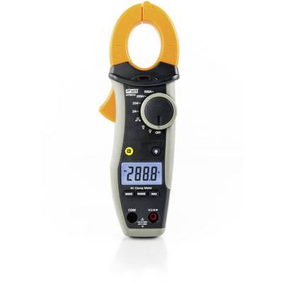 Ein digitales Zangenmultimeter mit orangefarbenem Greifer zeigt auf dem Display '288.0'. Geeignet zur Messung von Stromstärke und Spannung.