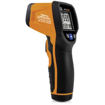 Ein Infrarot-Thermometer mit einem digitalen Display zeigt 15,9 Grad Celsius an. Gerät in schwarz-orangefarbenem Gehäuse.