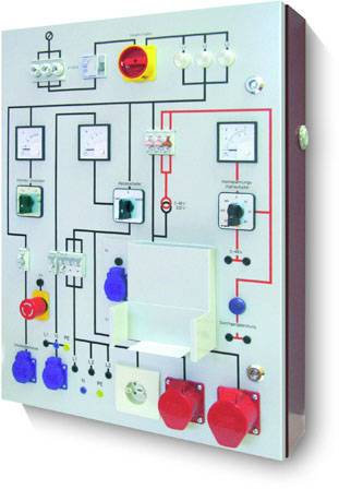 Schalttafel mit verschiedenen Schaltern, Knöpfen und Steckdosen; zeigt elektrische Schaltkreise und Anzeigen für Steuerung und Überwachung.