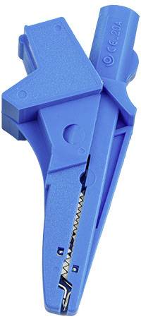 Ein blauer Krokodilklemmenadapter, typisch für elektrische Messungen, erkennbar an den gezahnten Metallkontakten und dem isolierten Griff.
