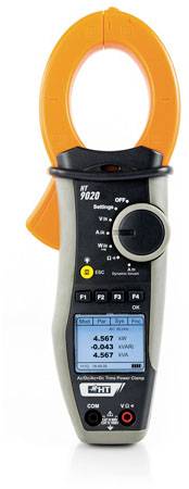 Ein digitales Zangenmultimeter mit orangefarbenen Greifbacken zur Strommessung. Das Display zeigt Messwerte in Kilowattstunden an.