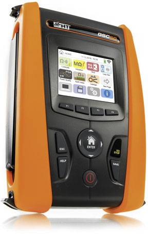 Ein tragbares elektronisches Messgerät mit orangem Gehäuse und digitalem Display, das verschiedene Messoptionen anzeigt.