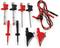 Ein Set aus acht elektrischen Prüfgeräten: vier Prüfspitzen in Rot und Schwarz, zwei Krokodilklemmen und zwei Kabel mit Stecker.