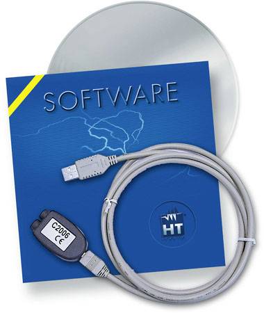 Ein Softwarepaket mit CD, einem USB-Kabel und einem Adapter mit der Aufschrift 'C2006', auf blauem Hintergrund.