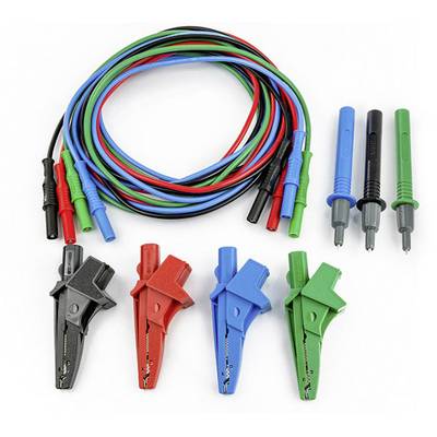 Mehrfarbige Messkabel und Krokodilklemmen für elektronische Tests, in Blau, Rot, Grün und Schwarz.