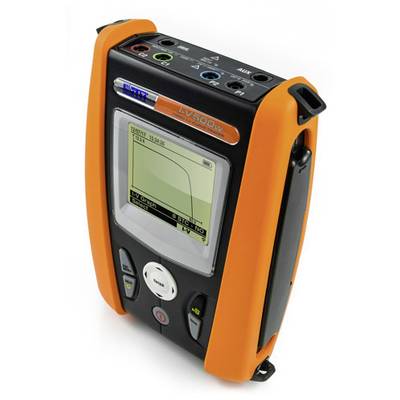 Ein tragbares Kabelmessgerät mit einem Display zeigt eine Kurve. Es ist orange und schwarz, mit mehreren Anschlüssen oben.
