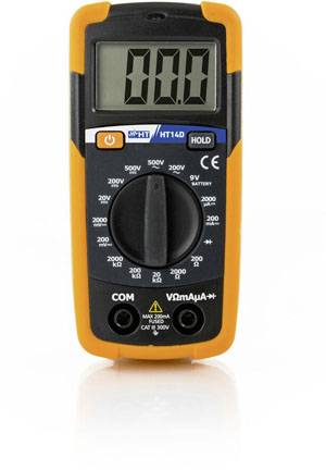 Digitalmultimeter mit orangem Rahmen, Display zeigt '0.0'. Verschiedene Einstellmöglichkeiten für Spannung und Strom sichtbar.