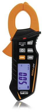 Digitales Zangenamperemeter mit orangefarbenen Backen und schwarzem Gehäuse. Das Display zeigt einen Messwert von 0,05 Ampere.