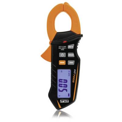 Digitales Zangenamperemeter mit orangefarbenen Backen und schwarzem Gehäuse. Das Display zeigt einen Messwert von 0,05 Ampere.