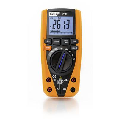 Ein digitales Multimeter mit orange-schwarzem Gehäuse zeigt auf dem Display den Wert '261,3'. Es hat Regler und Tasten zur Einstellung von Messmodi.