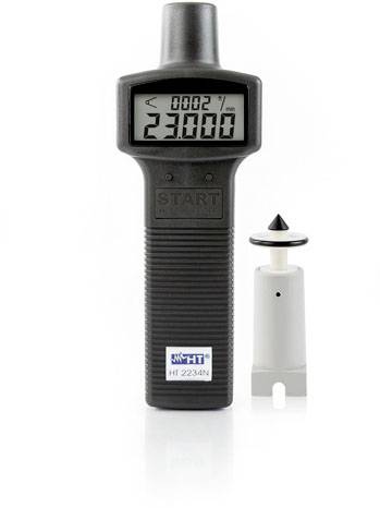 Handtachometer mit digitaler Anzeige und 23.000 Umdrehungen pro Minute, neben einem konischen Adapter zur Messung von Drehzahlen.