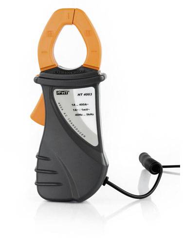 Ein digitales Zangenamperemeter mit orangefarbenen Zangen und einem Display. Es misst Strom von 1A bis 400A und Frequenzen von 40Hz bis 5kHz.