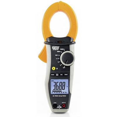 Handliches digitales Multimeter mit orangefarbenem Zangengriff, zeigt Messwert '36.68' auf blau beleuchtetem Display.
