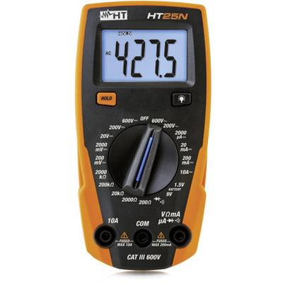 Digitales Multimeter mit orangefarbenem Gehäuse zeigt auf Display '427.5'. Drehrad mit verschiedenen Messeinstellungen sichtbar.