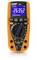 Multimeter in orange, zeigt '263.52' auf blauem Display. Drehschalter in der Mitte, Tasten oben für verschiedene Modi.