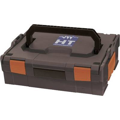 Grauer Werkzeugkoffer mit schwarzem Griff und orangefarbenen Verschlüssen, Logo 'HT Instruments' auf dem Deckel.
