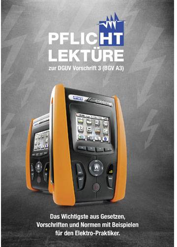Zwei orange-graue Messgeräte vor grauem Hintergrund. Text: 'Pflicht Lektüre zur DGUV Vorschrift 3 (BGV A3)'. Wichtig für Elektro-Praktiker.