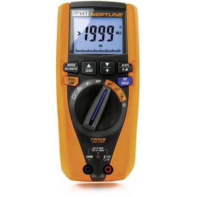 Ein digitales Multimeter mit orangefarbenem Gehäuse, großem Display und mehreren Tasten zur Messung elektrischer Einheiten und Widerstand.