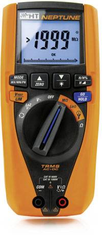 Ein orangefarbenes digitales Multimeter mit einem Display, das '1999 MΩ' zeigt. Es hat verschiedene Messmodi und Bedienelemente.