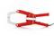 Eine rote und graue Klemmzange aus Kunststoff, die auf einem weißen Hintergrund liegt. Sie hat einen geschlossenen Griff.