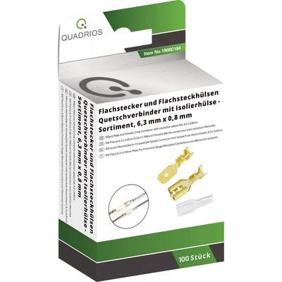 Verpackung mit 'Flachstecker und Flachsteckhülsen', 6,3 mm x 0,8 mm, 100 Stück. Bild zeigt goldene und weiße Stecker und Hülsen.