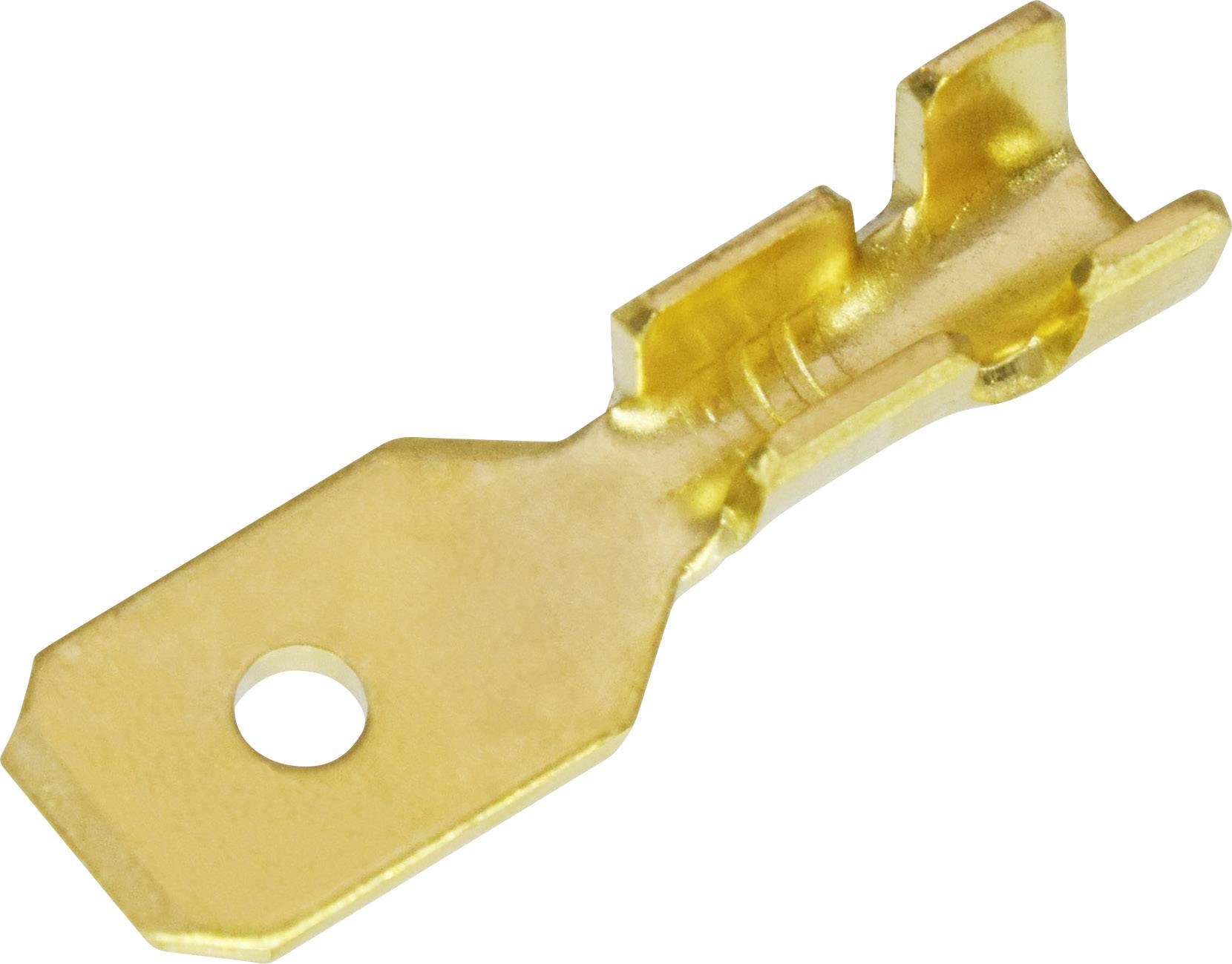 Goldener Metallflachstecker mit Loch und Crimpmuster, verwendet für elektrische Verbindungen, isolationslos und flachgeformt.