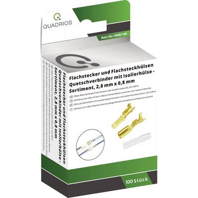 Verpackung mit Flachsteckern und -hülsen, 2,8 mm, 100-teilig, Marke Quadrio. Enthält Elektronik-Komponenten zum Verbinden von Kabeln.