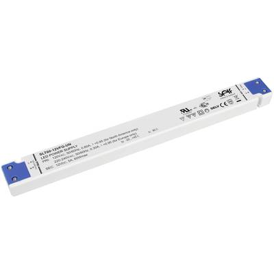 Schmales, weißes LED-Netzteil mit blauen Endkappen, beschriftet mit technischen Spezifikationen. Geeignet für LED-Beleuchtung.